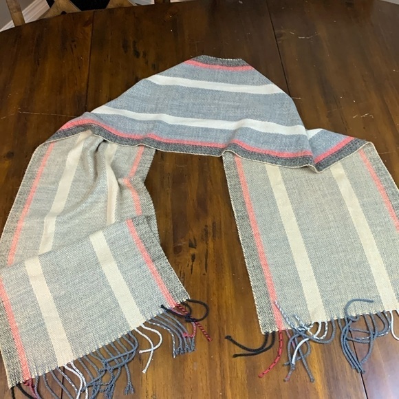 Super soft tan, gray, black and red striped scarf with fringe - Picture 2 of 4